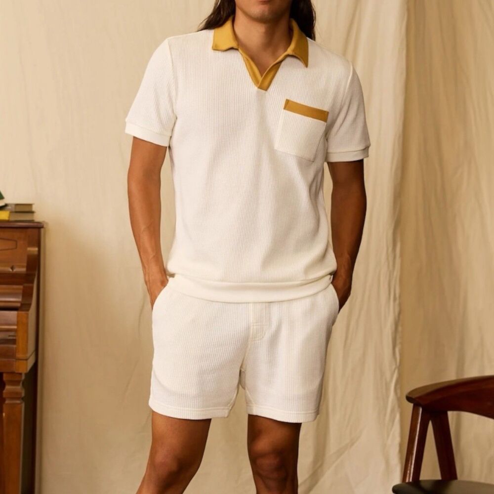 Dandy Del Mar The Cannes Waffle Knit Polo Shirt & Shorts Set Vintage Ivory 3XL